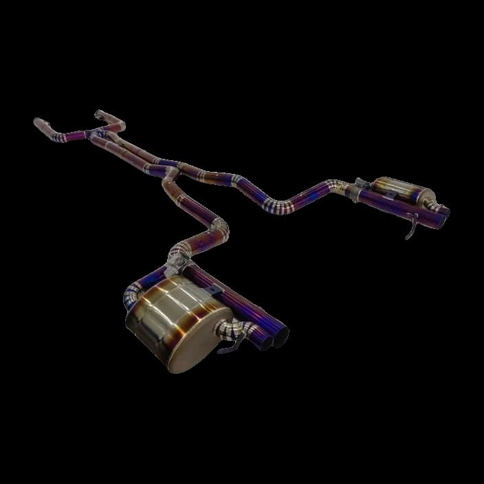 Heat-blued titanium cat-back for the E63 S with X-pipe, valved silencer and quad tips