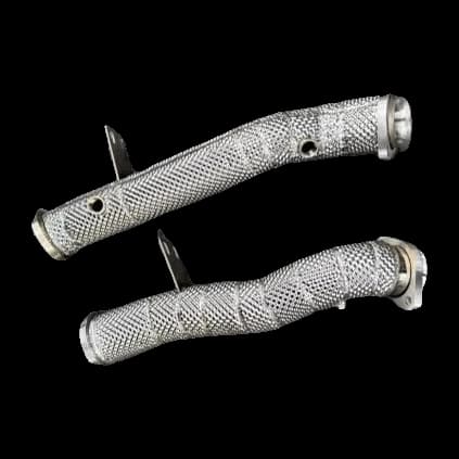 Heat-wrapped M139 downpipe and secondary pipe for the A45 S on the workshop carpet