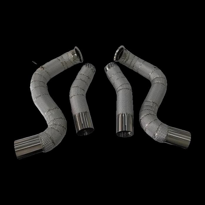 Two heat-wrapped M177 downpipes with their secondary pipes for a C63, laid out on a white floor