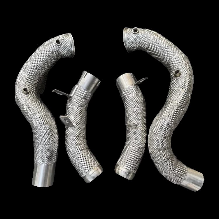 Close view of the heat-wrapped E63 S downpipe set with O2 sensor bungs and brackets
